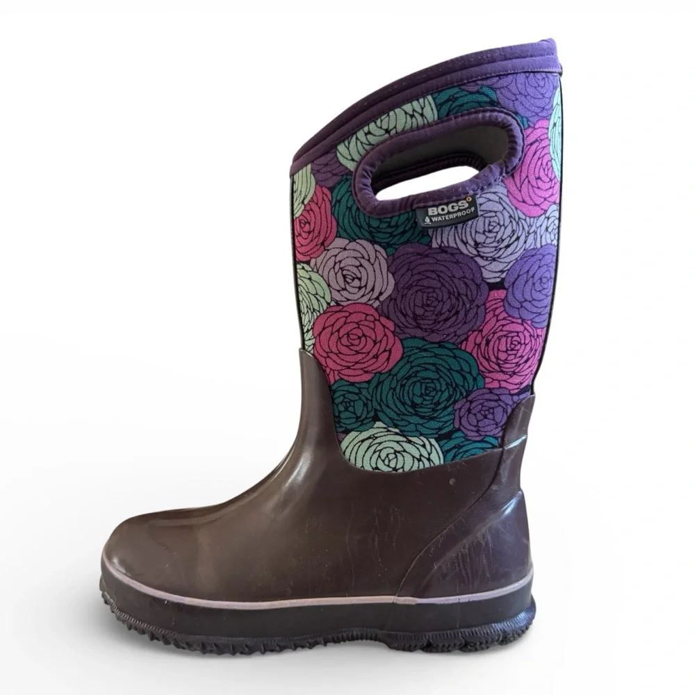 Bogs Classic Rosey Kids Waterproof Snow Boots Warm Insulated Floral Purple 4